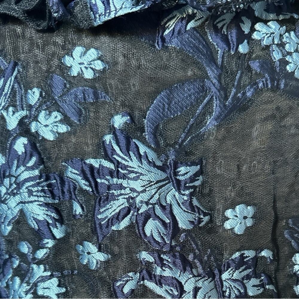 Elliatt Blue Floral Jacquard Ruffle Mini Dress Belted Puff Sleeve Size L - Picture 6 of 10